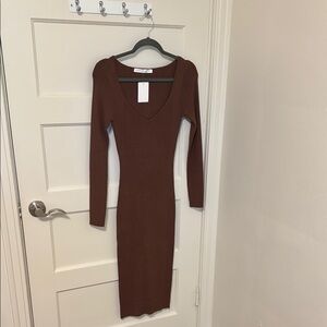 Altar'd State Brown Ribbed Bodycon Dress Scoop Neck Long Sleeve